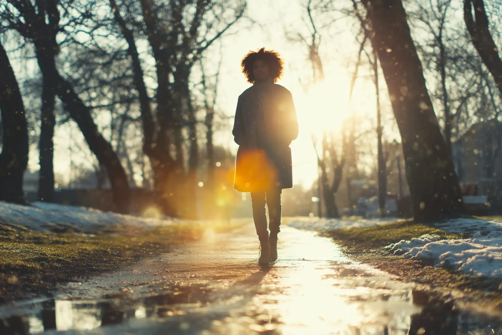 A woman walking a tree-lined path in golden morning light